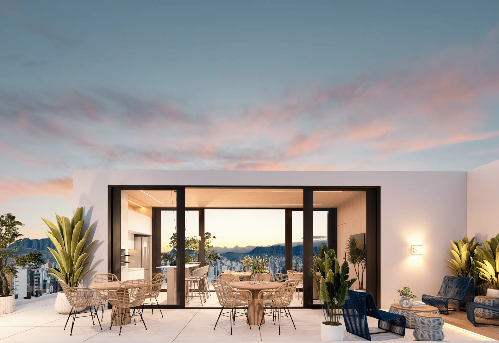 Render do rooftop do NS 262 ao pôr do sol, com vista para Florianópolis